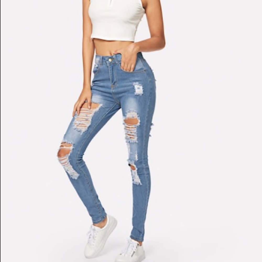 Ripped Bleach Wash Skinny Jeans